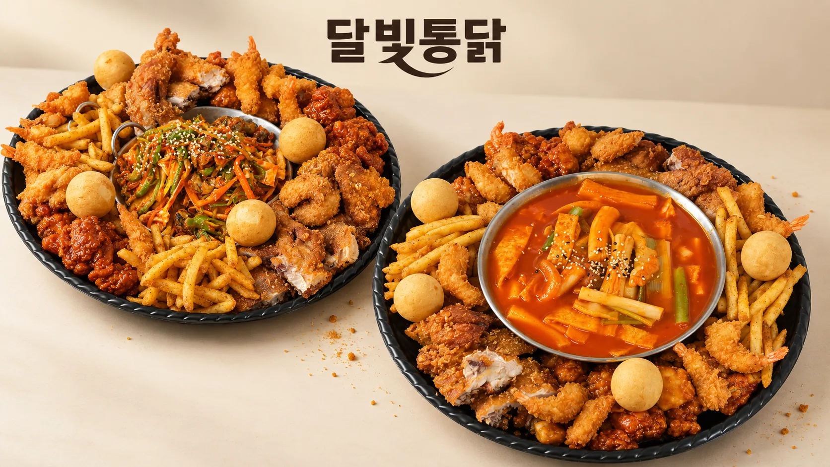 치킨과 튀김, 떡볶이를 푸짐하게 담은 달빛통닭 한 상